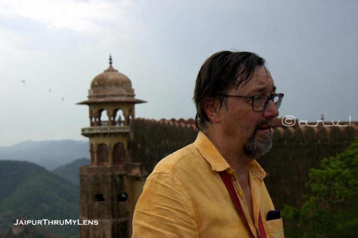 Giles Tillotson on heritage walk in Jaipur with Jaigarh Fort watch towers in background